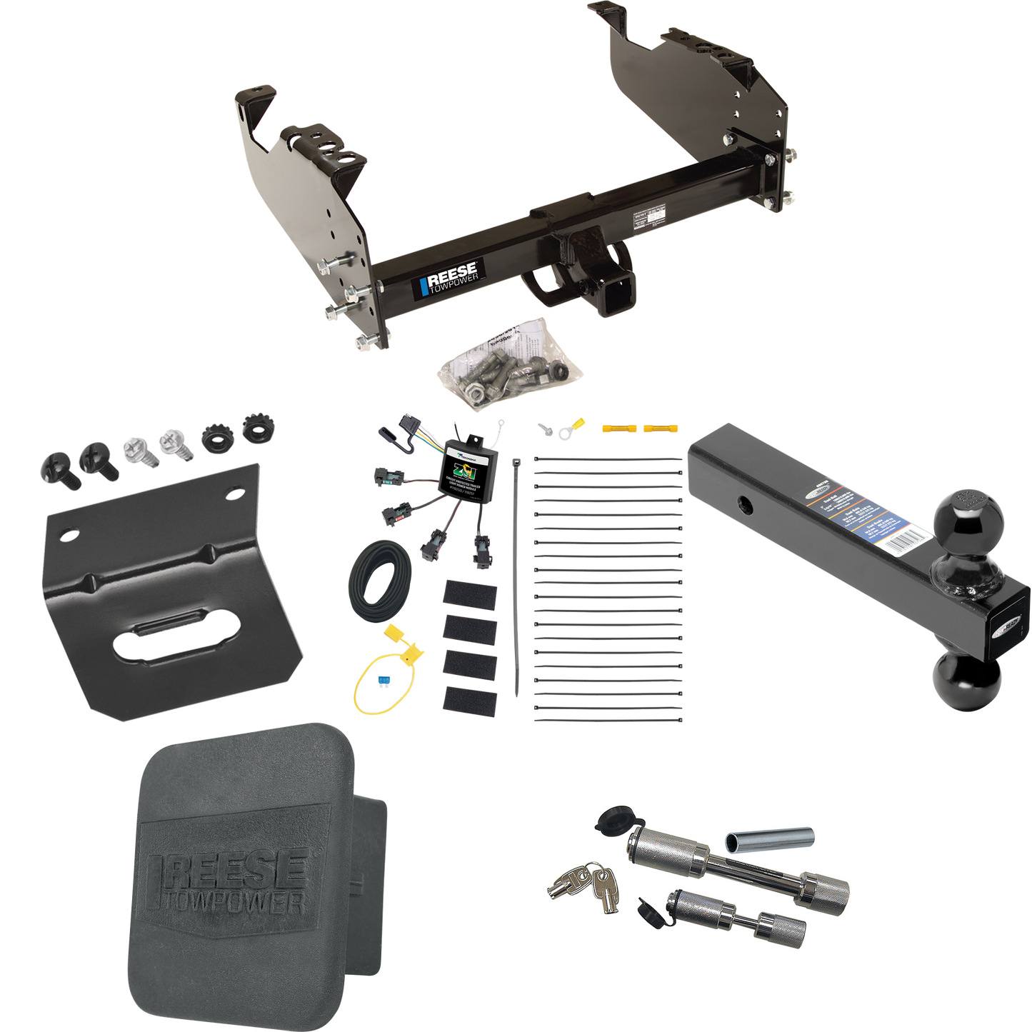 Fits 2007-2023 GMC Sierra 3500 HD Trailer Hitch Tow PKG w/ 4-Flat Zero Contact "No Splice" Wiring Harness + Dual Ball Ball Mount 2" & 2-5/16" Trailer Balls + Dual Hitch & Coupler Locks + Hitch Cover + Wiring Bracket (For Cab & Chassis, w/34" Wide Fra