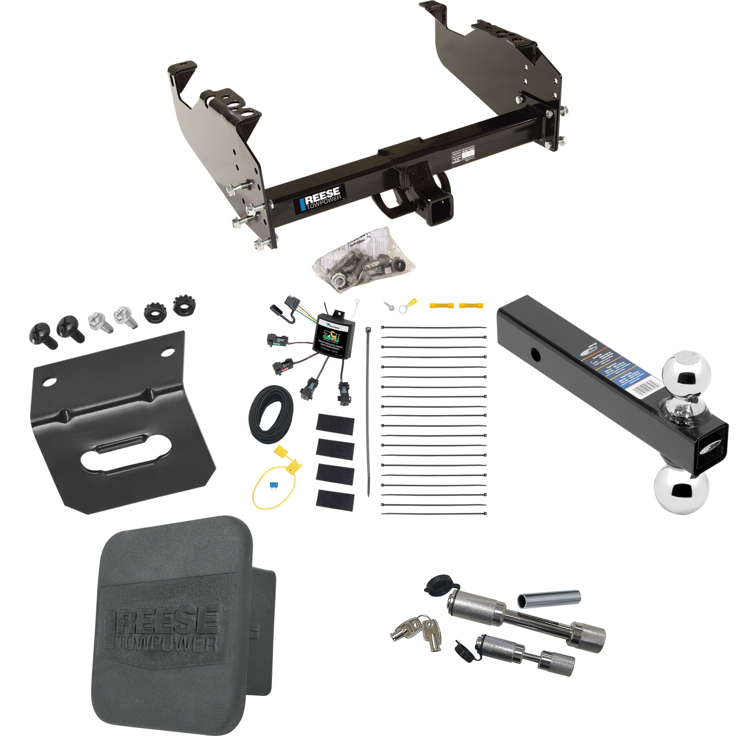 Fits 2007-2023 GMC Sierra 3500 HD Trailer Hitch Tow PKG w/ 4-Flat Zero Contact "No Splice" Wiring Harness + Dual Ball Ball Mount 2" & 2-5/16" Trailer Balls + Dual Hitch & Coupler Locks + Hitch Cover + Wiring Bracket (For Cab & Chassis, w/34" Wide Fra