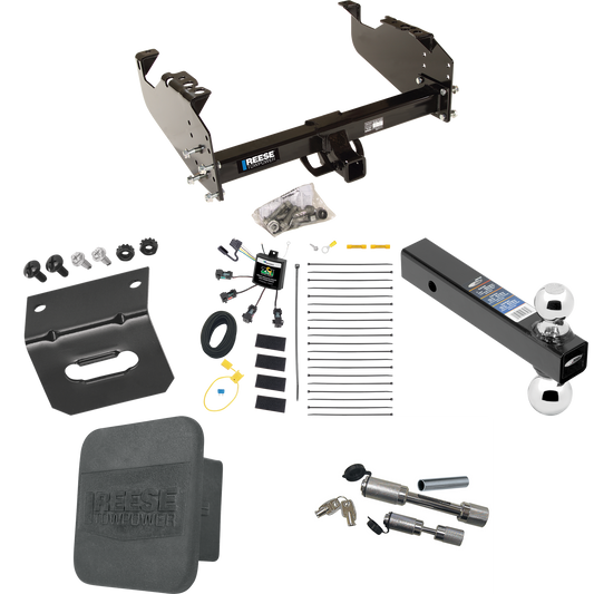 Fits 2007-2023 GMC Sierra 3500 HD Trailer Hitch Tow PKG w/ 4-Flat Zero Contact "No Splice" Wiring Harness + Dual Ball Ball Mount 2" & 2-5/16" Trailer Balls + Dual Hitch & Coupler Locks + Hitch Cover + Wiring Bracket (For Cab & Chassis, w/34" Wide Fra