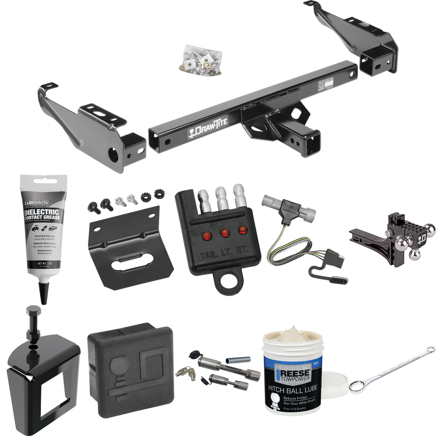 Fits 1997-1997 Ford F-350 Trailer Hitch Tow PKG w/ 4-Flat Wiring + Adjustable Drop Rise Triple Ball Ball Mount 1-7/8" & 2" & 2-5/16" Trailer Balls + Wiring Bracket + Hitch Cover + Dual Hitch & Coupler Locks + Wiring Tester + Ball Lube + Electric Grea