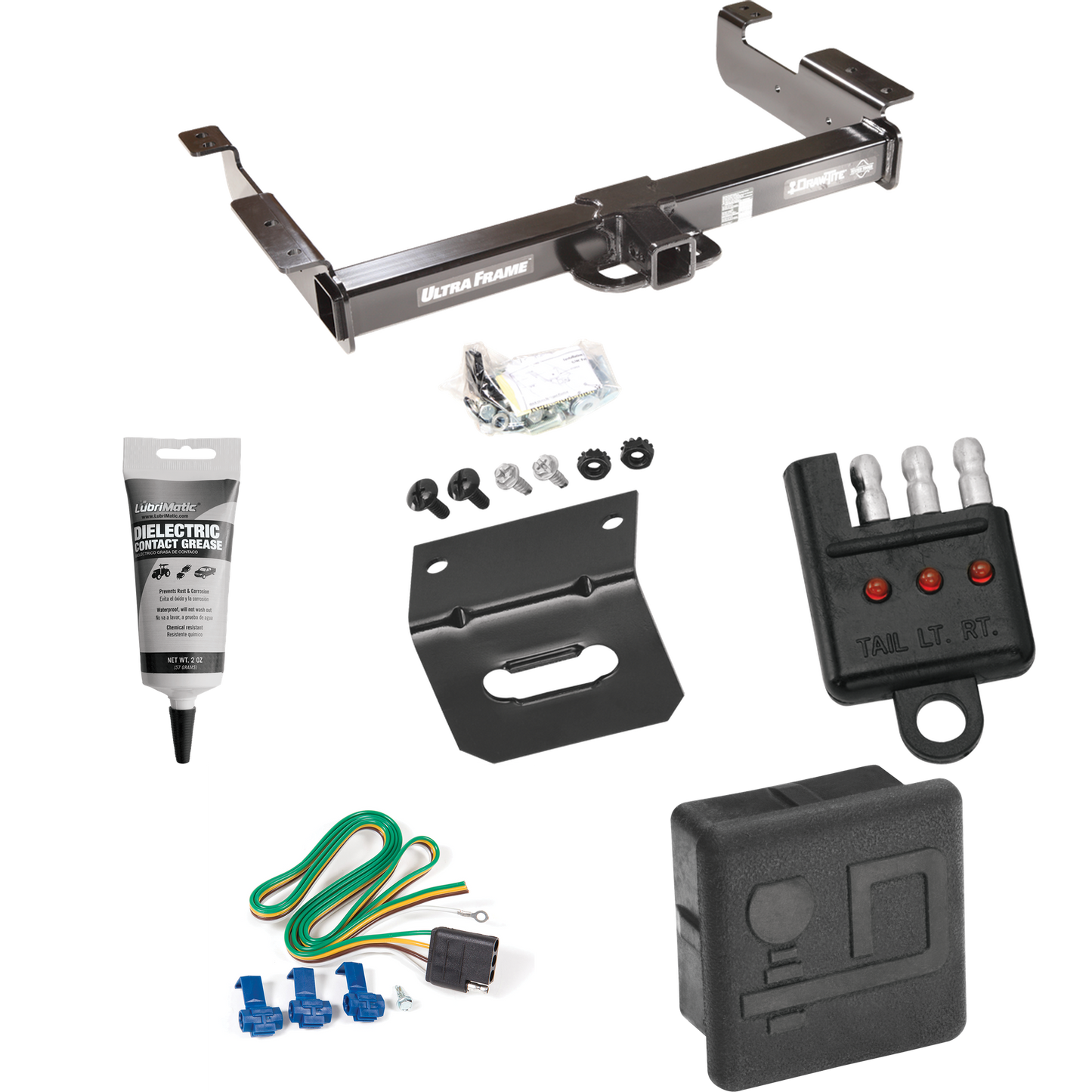 Fits 1996-1999 GMC Savana 2500 Trailer Hitch Tow PKG w/ 4-Flat Wiring Harness + Hitch Cover + Wiring Bracket + Wiring Tester + Electric Grease By Draw-Tite