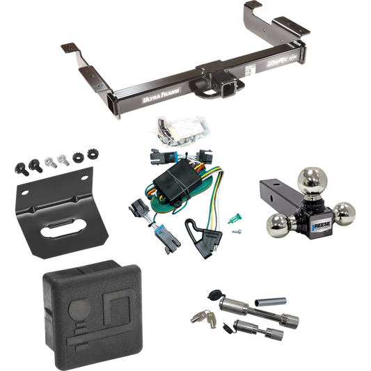 Fits 2000-2002 Chevrolet Express 2500 Trailer Hitch Tow PKG w/ 4-Flat Wiring Harness + Triple Ball Ball Mount 1-7/8" & 2" & 2-5/16" Trailer Balls + Dual Hitch & Coupler Locks + Hitch Cover + Wiring Bracket By Draw-Tite