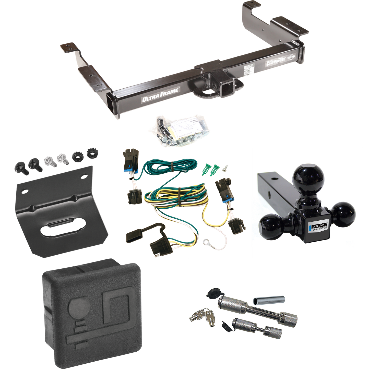 Fits 2003-2023 GMC Savana 2500 Trailer Hitch Tow PKG w/ 4-Flat Wiring Harness + Triple Ball Ball Mount 1-7/8" & 2" & 2-5/16" Trailer Balls + Dual Hitch & Coupler Locks + Hitch Cover + Wiring Bracket By Draw-Tite