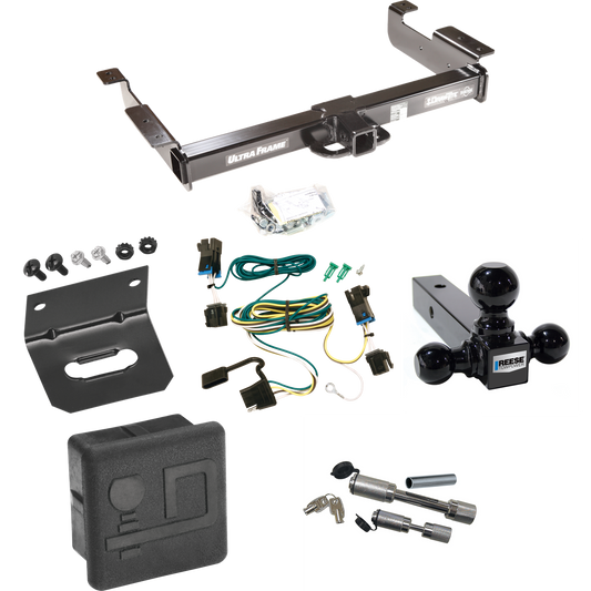 Fits 2003-2023 GMC Savana 2500 Trailer Hitch Tow PKG w/ 4-Flat Wiring Harness + Triple Ball Ball Mount 1-7/8" & 2" & 2-5/16" Trailer Balls + Dual Hitch & Coupler Locks + Hitch Cover + Wiring Bracket By Draw-Tite