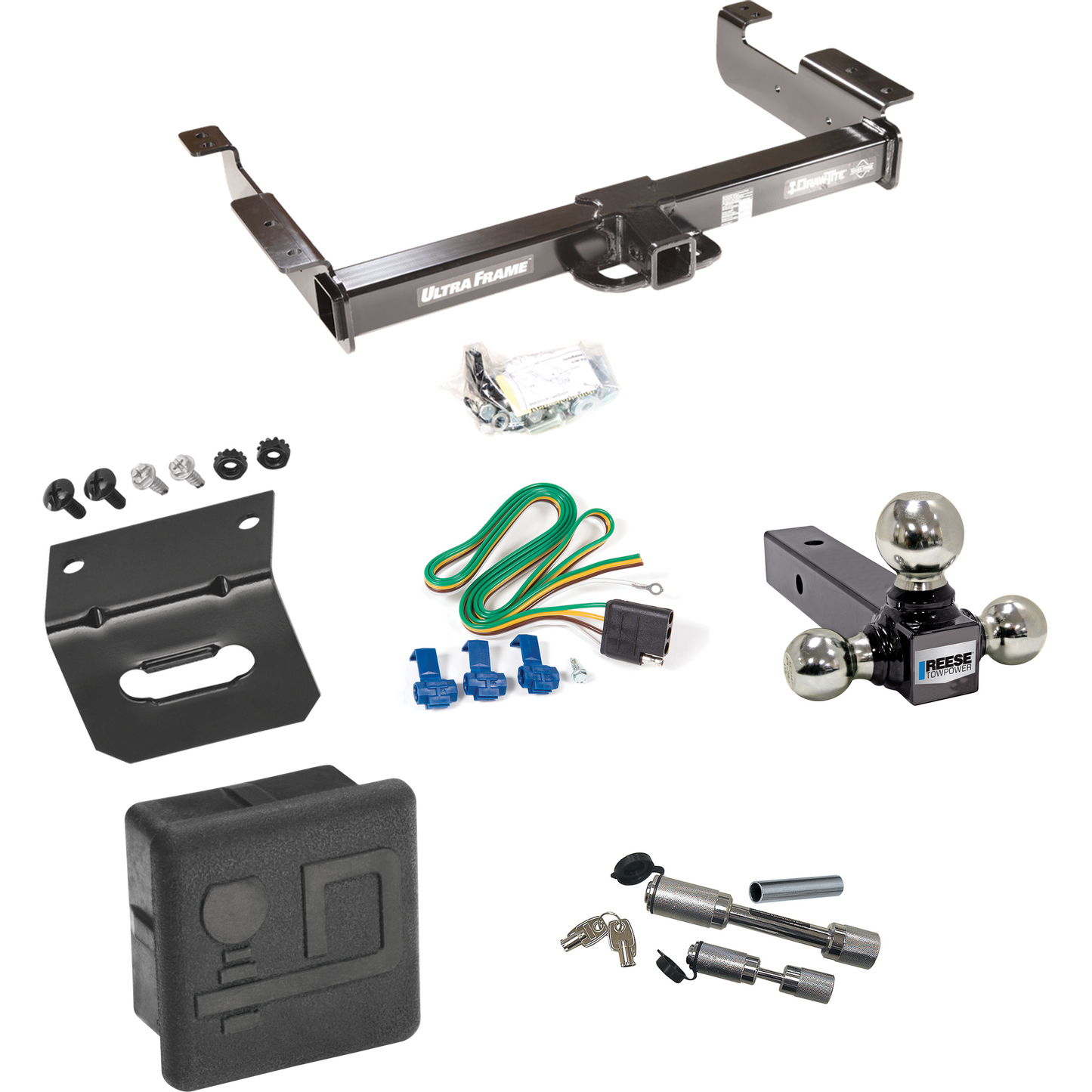 Fits 1996-1999 GMC Savana 2500 Trailer Hitch Tow PKG w/ 4-Flat Wiring Harness + Triple Ball Ball Mount 1-7/8" & 2" & 2-5/16" Trailer Balls + Dual Hitch & Coupler Locks + Hitch Cover + Wiring Bracket By Draw-Tite