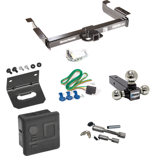 Fits 1996-1999 GMC Savana 2500 Trailer Hitch Tow PKG w/ 4-Flat Wiring Harness + Triple Ball Ball Mount 1-7/8" & 2" & 2-5/16" Trailer Balls + Dual Hitch & Coupler Locks + Hitch Cover + Wiring Bracket By Draw-Tite