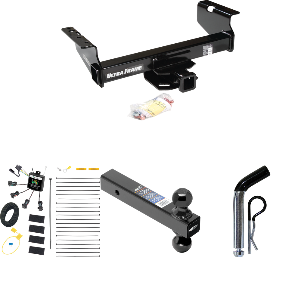 Fits 2007-2024 GMC Sierra 3500 HD Trailer Hitch Tow PKG w/ 4-Flat Zero Contact "No Splice" Wiring Harness + Dual Ball Ball Mount 2" & 2-5/16" Trailer Balls + Pin/Clip (For Cab & Chassis, w/34" Wide Frames Models) By Draw-Tite