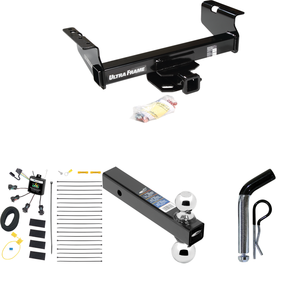 Fits 2007-2024 GMC Sierra 3500 HD Trailer Hitch Tow PKG w/ 4-Flat Zero Contact "No Splice" Wiring Harness + Dual Ball Ball Mount 2" & 2-5/16" Trailer Balls + Pin/Clip (For Cab & Chassis, w/34" Wide Frames Models) By Draw-Tite