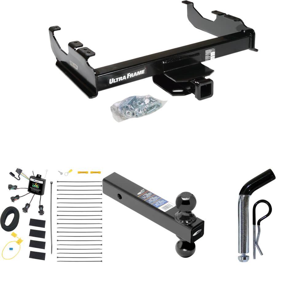 Fits 2007-2023 GMC Sierra 3500 HD Trailer Hitch Tow PKG w/ 4-Flat Zero Contact "No Splice" Wiring Harness + Dual Ball Ball Mount 2" & 2-5/16" Trailer Balls + Pin/Clip (For Cab & Chassis, w/34" Wide Frames Models) By Draw-Tite