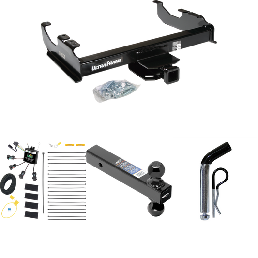 Fits 2007-2023 GMC Sierra 3500 HD Trailer Hitch Tow PKG w/ 4-Flat Zero Contact "No Splice" Wiring Harness + Dual Ball Ball Mount 2" & 2-5/16" Trailer Balls + Pin/Clip (For Cab & Chassis, w/34" Wide Frames Models) By Draw-Tite