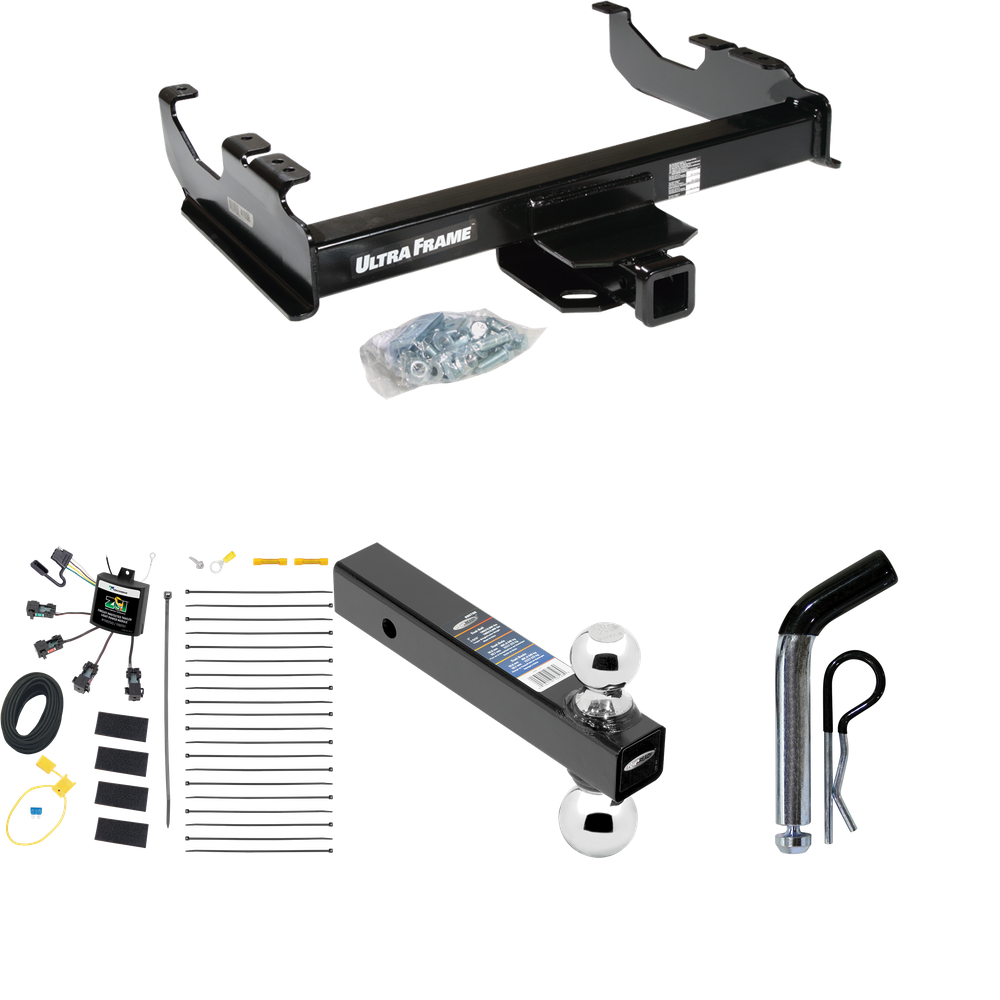 Fits 2007-2023 GMC Sierra 3500 HD Trailer Hitch Tow PKG w/ 4-Flat Zero Contact "No Splice" Wiring Harness + Dual Ball Ball Mount 2" & 2-5/16" Trailer Balls + Pin/Clip (For Cab & Chassis, w/34" Wide Frames Models) By Draw-Tite