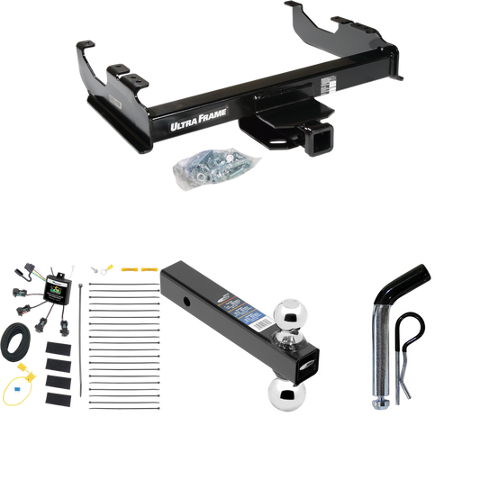 Fits 2007-2023 GMC Sierra 3500 HD Trailer Hitch Tow PKG w/ 4-Flat Zero Contact "No Splice" Wiring Harness + Dual Ball Ball Mount 2" & 2-5/16" Trailer Balls + Pin/Clip (For Cab & Chassis, w/34" Wide Frames Models) By Draw-Tite