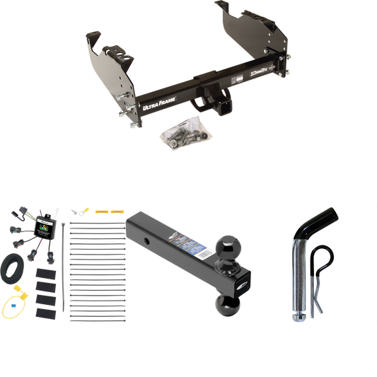 Fits 2007-2024 GMC Sierra 3500 HD Trailer Hitch Tow PKG w/ 4-Flat Zero Contact "No Splice" Wiring Harness + Dual Ball Ball Mount 2" & 2-5/16" Trailer Balls + Pin/Clip (For Cab & Chassis, w/34" Wide Frames Models) By Draw-Tite