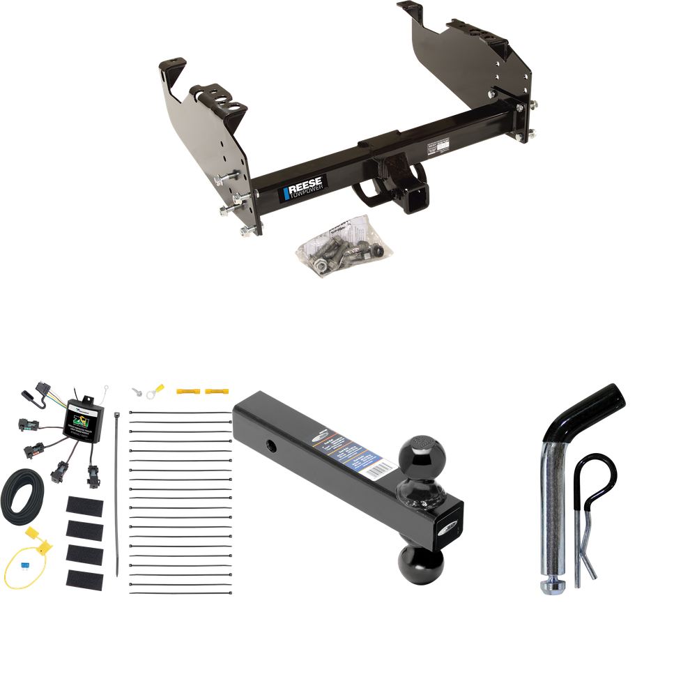 Fits 2007-2023 GMC Sierra 3500 HD Trailer Hitch Tow PKG w/ 4-Flat Zero Contact "No Splice" Wiring Harness + Dual Ball Ball Mount 2" & 2-5/16" Trailer Balls + Pin/Clip (For Cab & Chassis, w/34" Wide Frames Models) By Reese Towpower