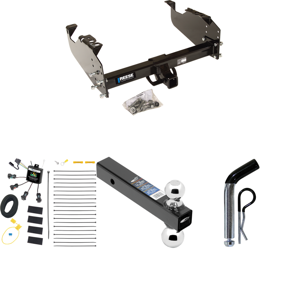 Fits 2007-2023 GMC Sierra 3500 HD Trailer Hitch Tow PKG w/ 4-Flat Zero Contact "No Splice" Wiring Harness + Dual Ball Ball Mount 2" & 2-5/16" Trailer Balls + Pin/Clip (For Cab & Chassis, w/34" Wide Frames Models) By Reese Towpower