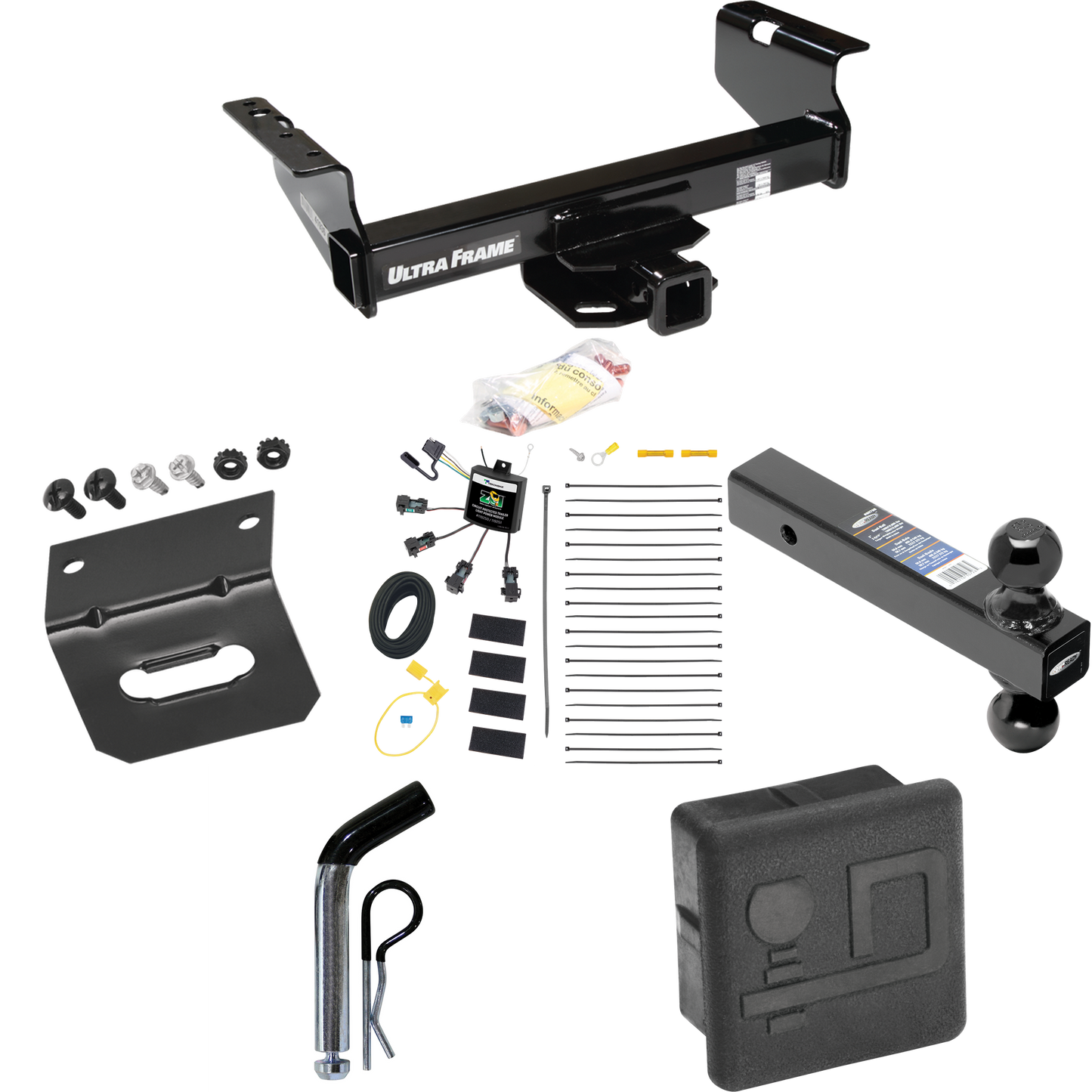 Fits 2007-2024 GMC Sierra 3500 HD Trailer Hitch Tow PKG w/ 4-Flat Zero Contact "No Splice" Wiring Harness + Dual Ball Ball Mount 2" & 2-5/16" Trailer Balls + Pin/Clip + Hitch Cover + Wiring Bracket (For Cab & Chassis, w/34" Wide Frames Models) By Dra