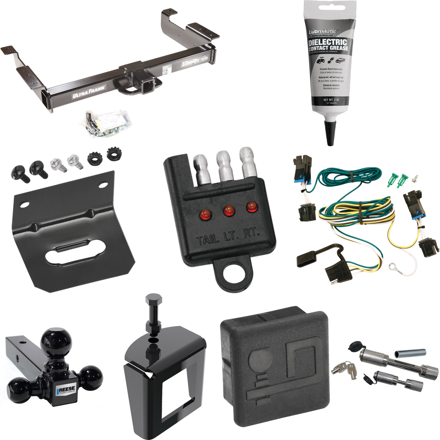 Fits 2003-2023 Chevrolet Express 2500 Trailer Hitch Tow PKG w/ 4-Flat Wiring Harness + Triple Ball Ball Mount 1-7/8" & 2" & 2-5/16" Trailer Balls + Dual Hitch & Coupler Locks + Hitch Cover + Wiring Bracket + Wiring Tester + Electric Grease + Anti Rat