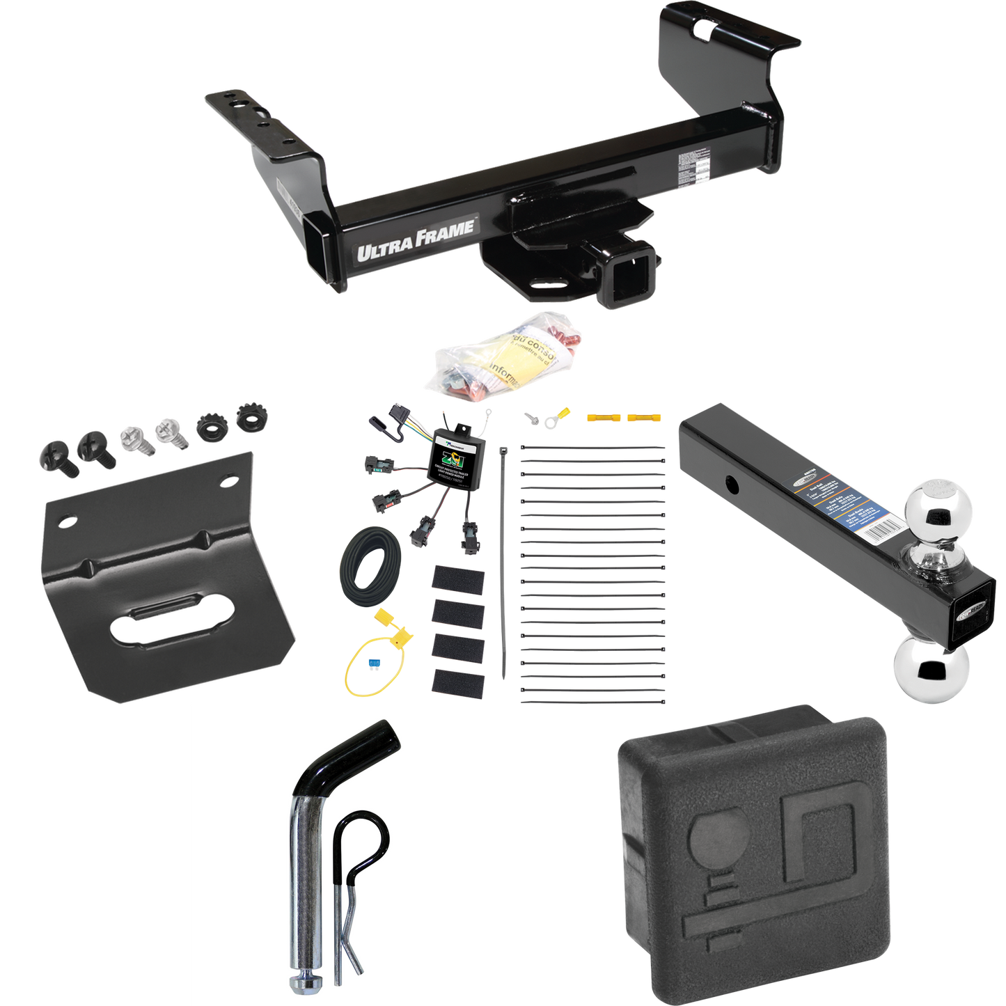 Fits 2007-2024 GMC Sierra 3500 HD Trailer Hitch Tow PKG w/ 4-Flat Zero Contact "No Splice" Wiring Harness + Dual Ball Ball Mount 2" & 2-5/16" Trailer Balls + Pin/Clip + Hitch Cover + Wiring Bracket (For Cab & Chassis, w/34" Wide Frames Models) By Dra