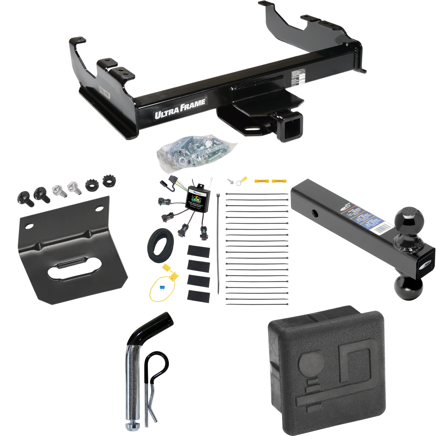 Fits 2007-2023 GMC Sierra 3500 HD Trailer Hitch Tow PKG w/ 4-Flat Zero Contact "No Splice" Wiring Harness + Dual Ball Ball Mount 2" & 2-5/16" Trailer Balls + Pin/Clip + Hitch Cover + Wiring Bracket (For Cab & Chassis, w/34" Wide Frames Models) By Dra