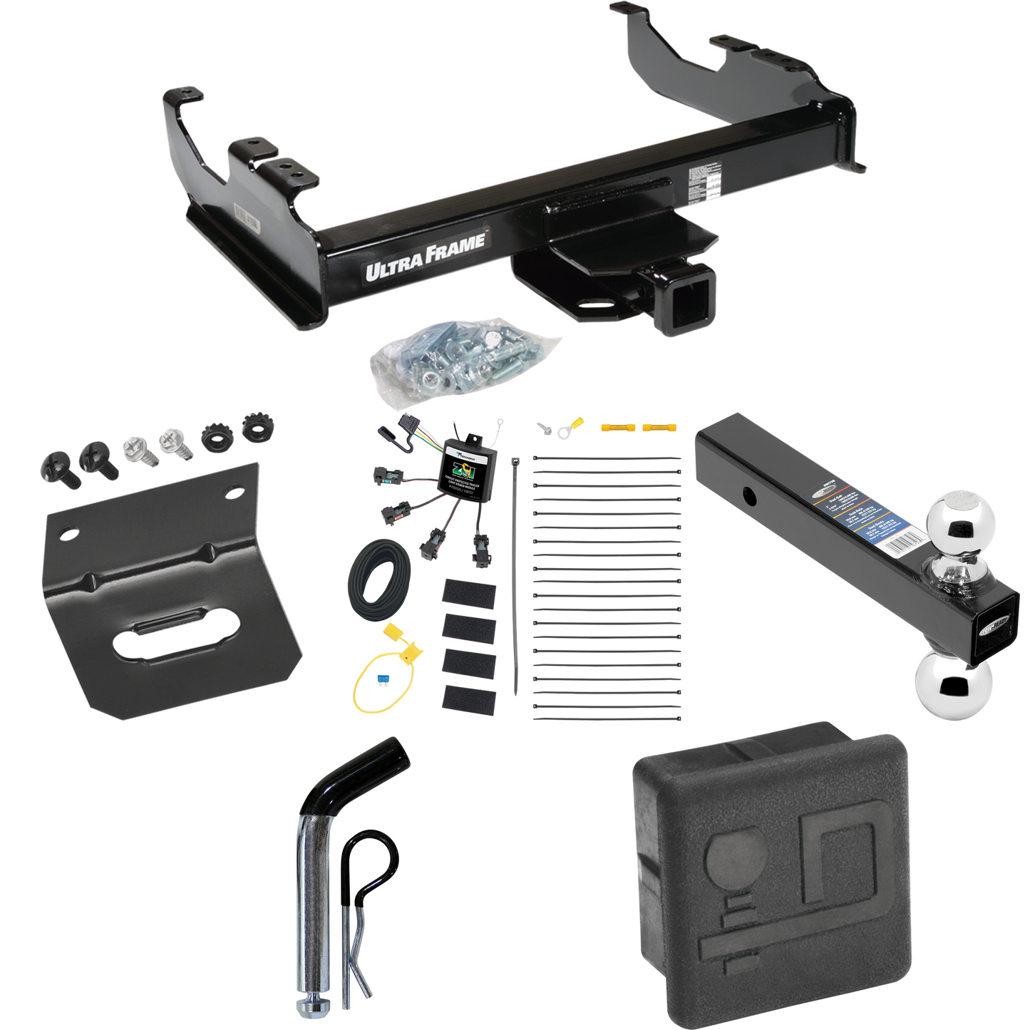 Fits 2007-2023 GMC Sierra 3500 HD Trailer Hitch Tow PKG w/ 4-Flat Zero Contact "No Splice" Wiring Harness + Dual Ball Ball Mount 2" & 2-5/16" Trailer Balls + Pin/Clip + Hitch Cover + Wiring Bracket (For Cab & Chassis, w/34" Wide Frames Models) By Dra