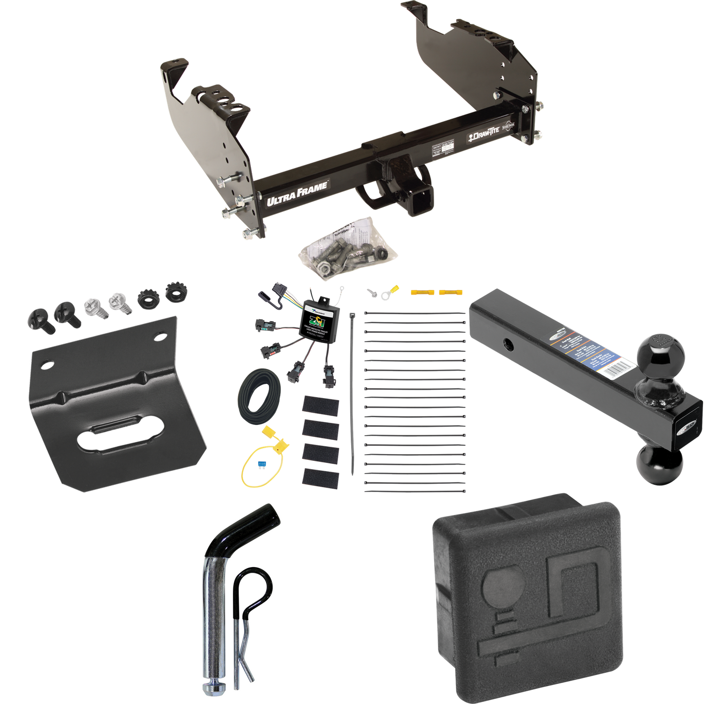 Fits 2007-2024 GMC Sierra 3500 HD Trailer Hitch Tow PKG w/ 4-Flat Zero Contact "No Splice" Wiring Harness + Dual Ball Ball Mount 2" & 2-5/16" Trailer Balls + Pin/Clip + Hitch Cover + Wiring Bracket (For Cab & Chassis, w/34" Wide Frames Models) By Dra