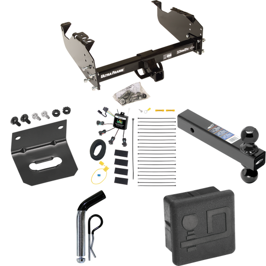 Fits 2007-2024 GMC Sierra 3500 HD Trailer Hitch Tow PKG w/ 4-Flat Zero Contact "No Splice" Wiring Harness + Dual Ball Ball Mount 2" & 2-5/16" Trailer Balls + Pin/Clip + Hitch Cover + Wiring Bracket (For Cab & Chassis, w/34" Wide Frames Models) By Dra