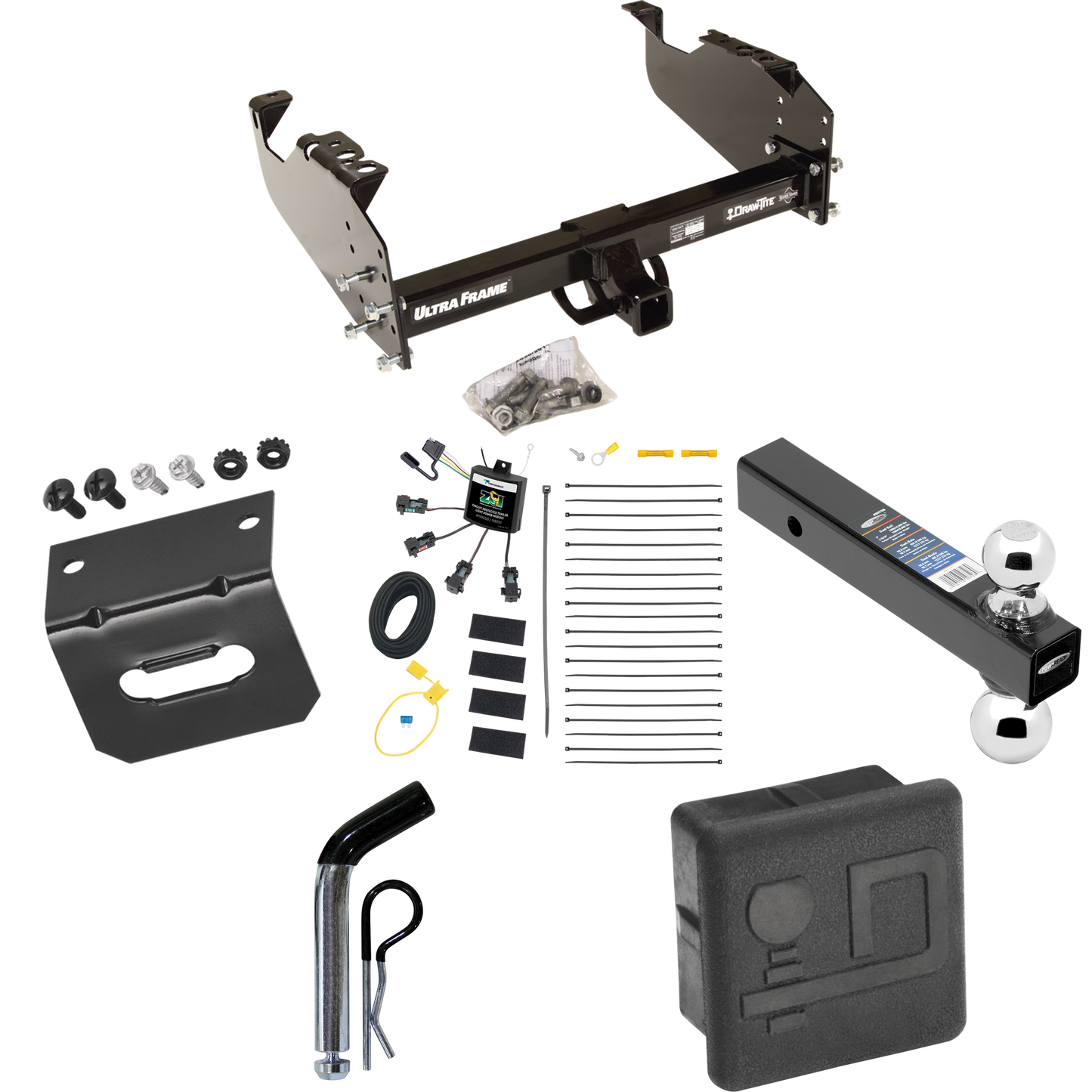 Fits 2007-2024 GMC Sierra 3500 HD Trailer Hitch Tow PKG w/ 4-Flat Zero Contact "No Splice" Wiring Harness + Dual Ball Ball Mount 2" & 2-5/16" Trailer Balls + Pin/Clip + Hitch Cover + Wiring Bracket (For Cab & Chassis, w/34" Wide Frames Models) By Dra