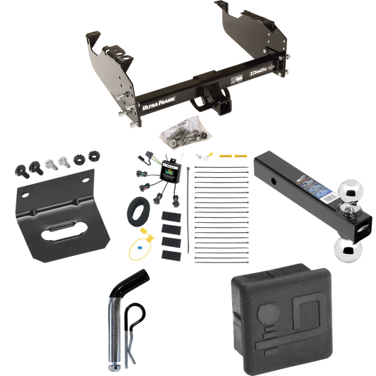 Fits 2007-2024 GMC Sierra 3500 HD Trailer Hitch Tow PKG w/ 4-Flat Zero Contact "No Splice" Wiring Harness + Dual Ball Ball Mount 2" & 2-5/16" Trailer Balls + Pin/Clip + Hitch Cover + Wiring Bracket (For Cab & Chassis, w/34" Wide Frames Models) By Dra