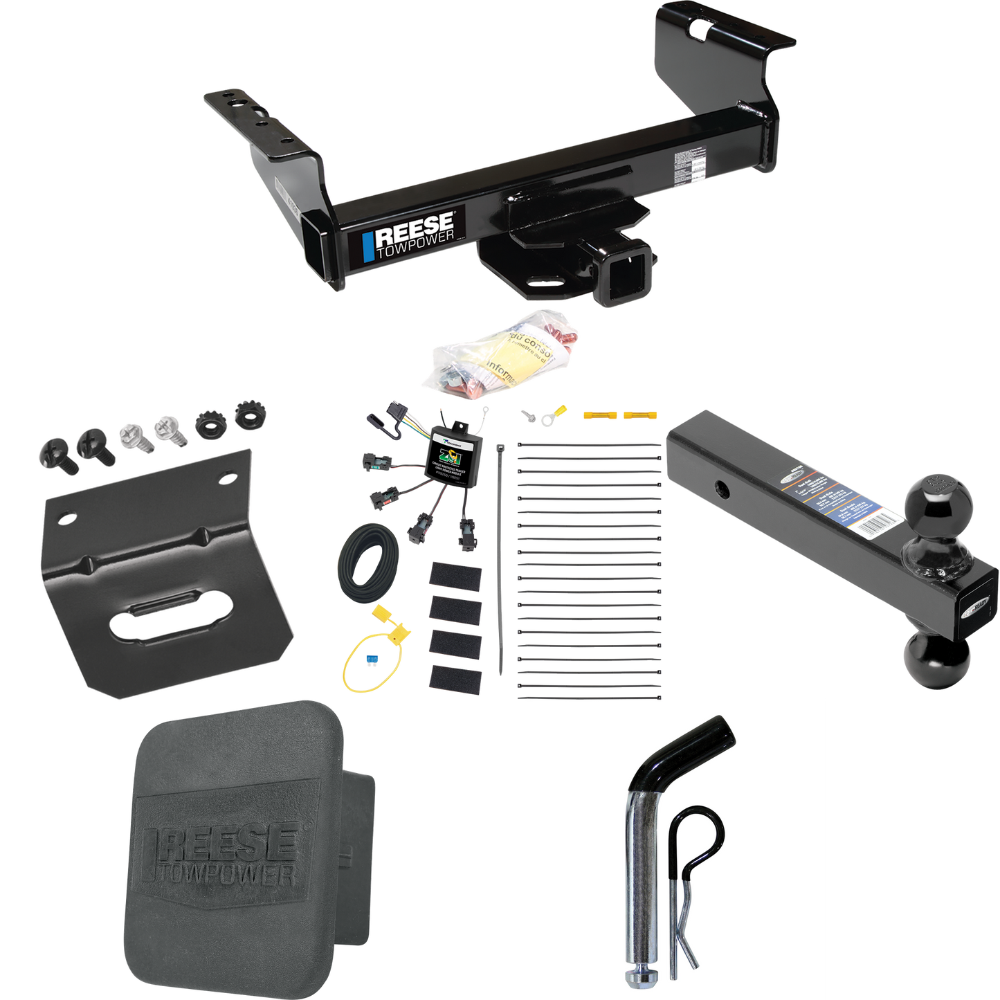 Fits 2007-2010 Dodge Ram 3500 Trailer Hitch Tow PKG w/ 4-Flat Zero Contact "No Splice" Wiring Harness + Dual Ball Ball Mount 2" & 2-5/16" Trailer Balls + Pin/Clip + Hitch Cover + Wiring Bracket (For Cab & Chassis, w/34" Wide Frames Models) By Reese T