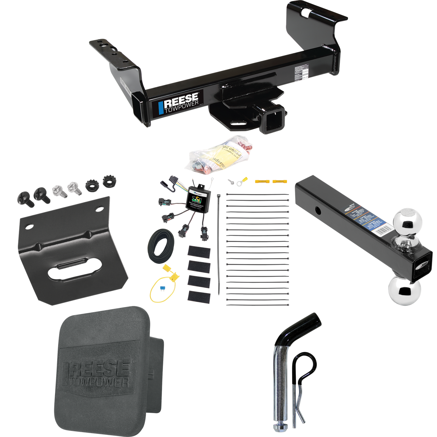 Fits 2007-2023 GMC Sierra 3500 HD Trailer Hitch Tow PKG w/ 4-Flat Zero Contact "No Splice" Wiring Harness + Dual Ball Ball Mount 2" & 2-5/16" Trailer Balls + Pin/Clip + Hitch Cover + Wiring Bracket (For Cab & Chassis, w/34" Wide Frames Models) By Ree