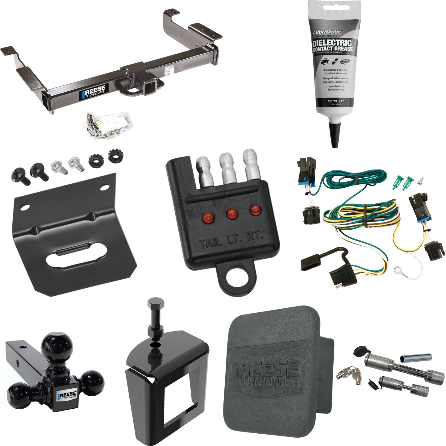 Fits 2003-2023 GMC Savana 2500 Trailer Hitch Tow PKG w/ 4-Flat Wiring Harness + Triple Ball Ball Mount 1-7/8" & 2" & 2-5/16" Trailer Balls + Dual Hitch & Coupler Locks + Hitch Cover + Wiring Bracket + Wiring Tester + Electric Grease + Anti Rattle Dev