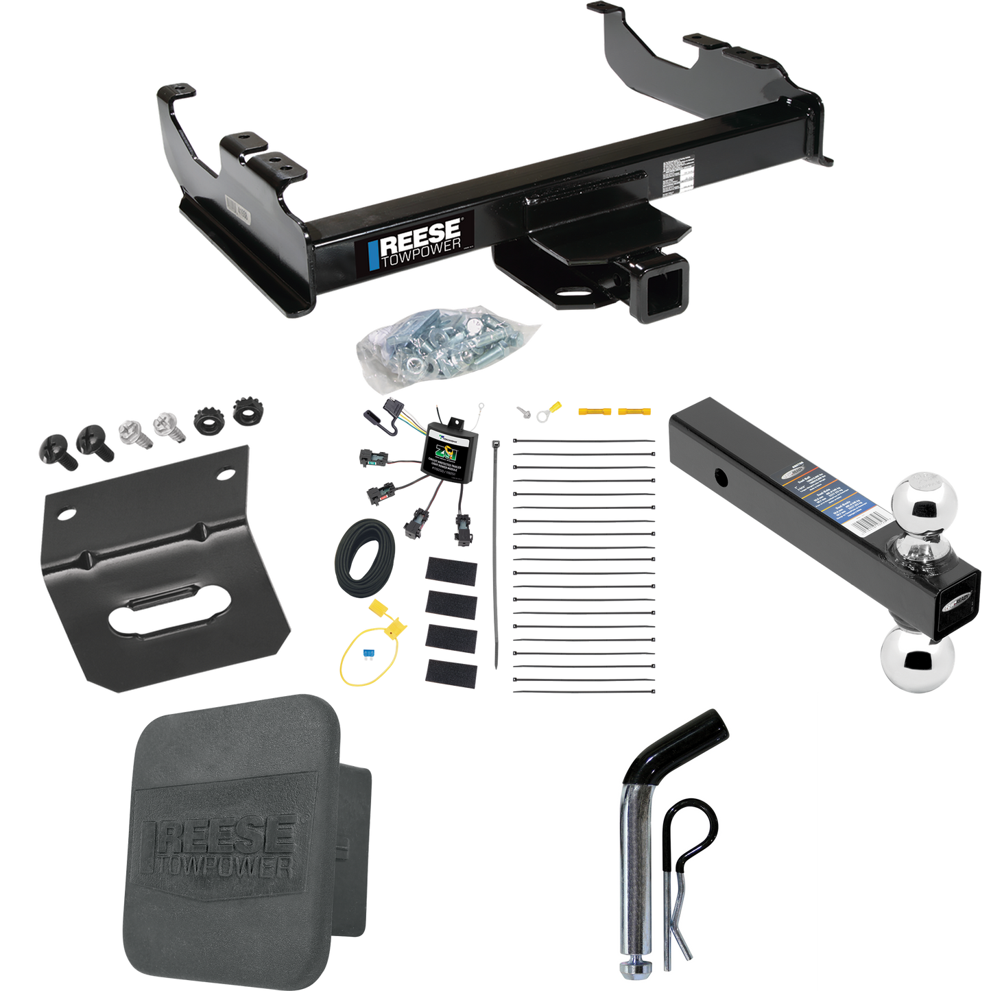 Fits 2007-2023 GMC Sierra 3500 HD Trailer Hitch Tow PKG w/ 4-Flat Zero Contact "No Splice" Wiring Harness + Dual Ball Ball Mount 2" & 2-5/16" Trailer Balls + Pin/Clip + Hitch Cover + Wiring Bracket (For Cab & Chassis, w/34" Wide Frames Models) By Ree