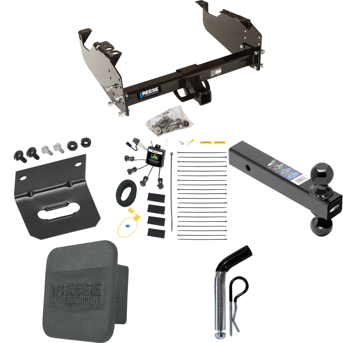 Fits 2007-2023 GMC Sierra 3500 HD Trailer Hitch Tow PKG w/ 4-Flat Zero Contact "No Splice" Wiring Harness + Dual Ball Ball Mount 2" & 2-5/16" Trailer Balls + Pin/Clip + Hitch Cover + Wiring Bracket (For Cab & Chassis, w/34" Wide Frames Models) By Ree