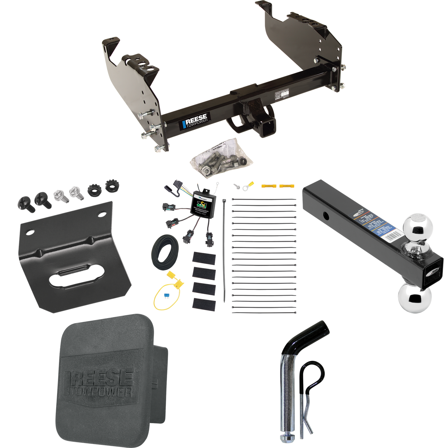 Fits 2001-2007 GMC Sierra 3500 Trailer Hitch Tow PKG w/ 4-Flat Zero Contact "No Splice" Wiring Harness + Dual Ball Ball Mount 2" & 2-5/16" Trailer Balls + Pin/Clip + Hitch Cover + Wiring Bracket (For (Classic), Cab & Chassis, w/34" Wide Frames Models