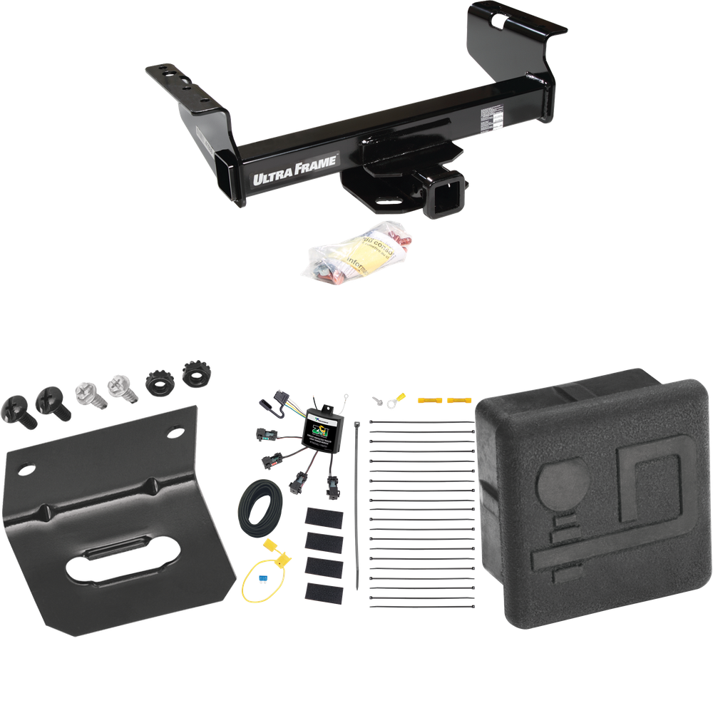 Fits 2011-2012 RAM 3500 Trailer Hitch Tow PKG w/ 4-Flat Zero Contact "No Splice" Wiring Harness + Hitch Cover + Wiring Bracket (For Cab & Chassis, w/34" Wide Frames Models) By Draw-Tite