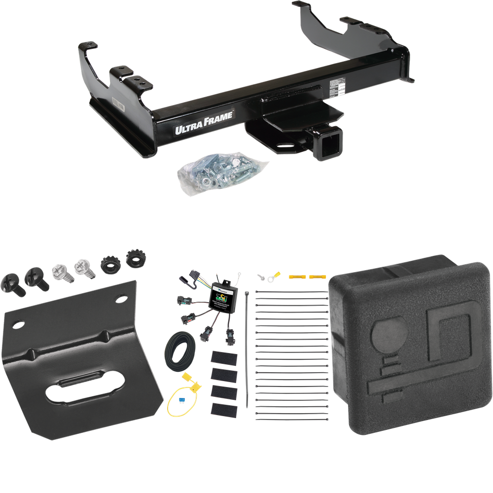 Fits 2007-2023 GMC Sierra 3500 HD Trailer Hitch Tow PKG w/ 4-Flat Zero Contact "No Splice" Wiring Harness + Hitch Cover + Wiring Bracket (For Cab & Chassis, w/34" Wide Frames Models) By Draw-Tite