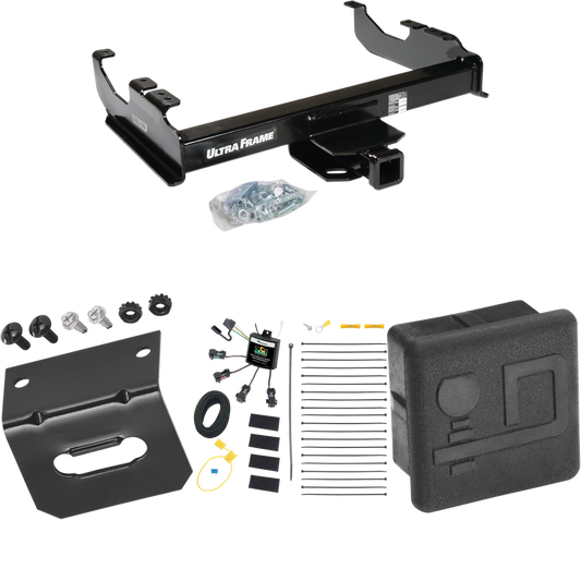 Fits 2007-2023 GMC Sierra 3500 HD Trailer Hitch Tow PKG w/ 4-Flat Zero Contact "No Splice" Wiring Harness + Hitch Cover + Wiring Bracket (For Cab & Chassis, w/34" Wide Frames Models) By Draw-Tite