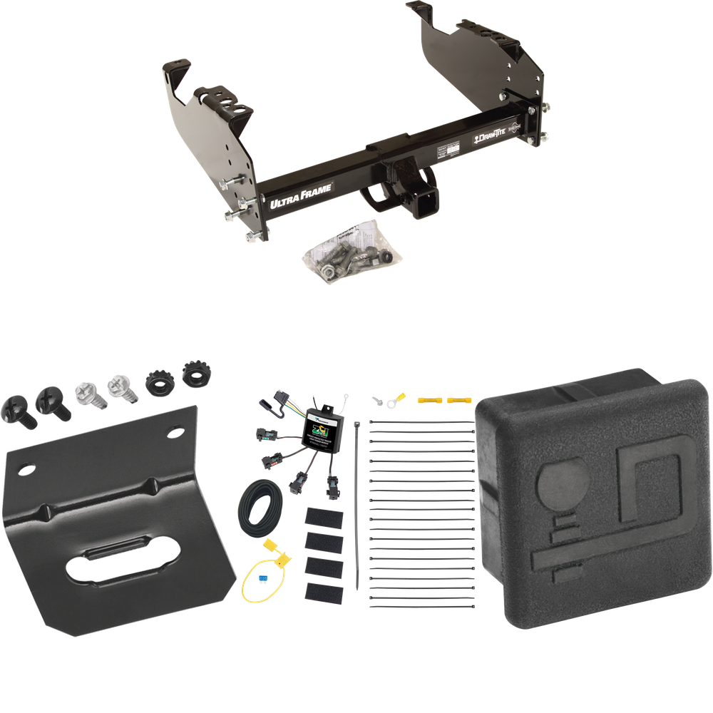 Fits 2007-2024 GMC Sierra 3500 HD Trailer Hitch Tow PKG w/ 4-Flat Zero Contact "No Splice" Wiring Harness + Hitch Cover + Wiring Bracket (For Cab & Chassis, w/34" Wide Frames Models) By Draw-Tite