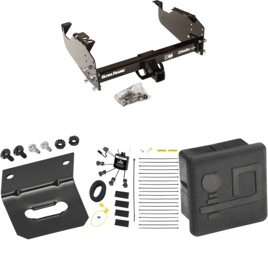 Fits 2007-2024 GMC Sierra 3500 HD Trailer Hitch Tow PKG w/ 4-Flat Zero Contact "No Splice" Wiring Harness + Hitch Cover + Wiring Bracket (For Cab & Chassis, w/34" Wide Frames Models) By Draw-Tite