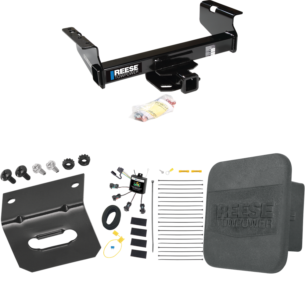 Fits 2007-2023 GMC Sierra 3500 HD Trailer Hitch Tow PKG w/ 4-Flat Zero Contact "No Splice" Wiring Harness + Hitch Cover + Wiring Bracket (For Cab & Chassis, w/34" Wide Frames Models) By Reese Towpower