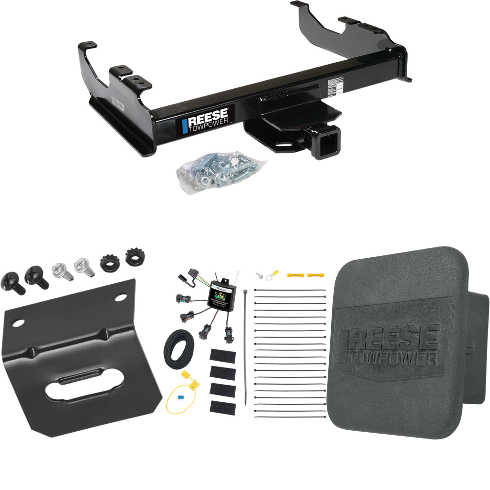 Fits 2007-2023 GMC Sierra 3500 HD Trailer Hitch Tow PKG w/ 4-Flat Zero Contact "No Splice" Wiring Harness + Hitch Cover + Wiring Bracket (For Cab & Chassis, w/34" Wide Frames Models) By Reese Towpower