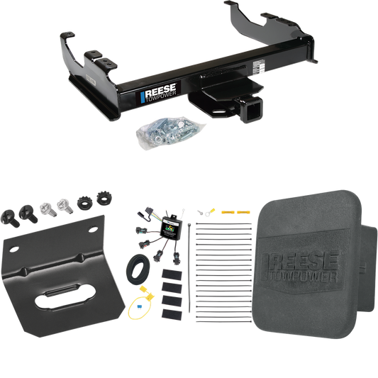 Fits 2007-2023 GMC Sierra 3500 HD Trailer Hitch Tow PKG w/ 4-Flat Zero Contact "No Splice" Wiring Harness + Hitch Cover + Wiring Bracket (For Cab & Chassis, w/34" Wide Frames Models) By Reese Towpower