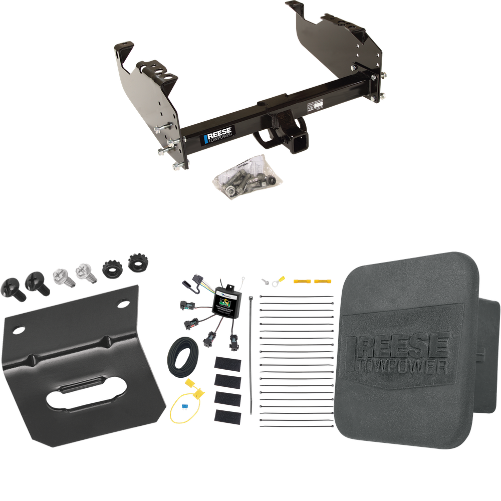 Fits 2008-2010 Dodge Ram 5500 Trailer Hitch Tow PKG w/ 4-Flat Zero Contact "No Splice" Wiring Harness + Hitch Cover + Wiring Bracket (For Cab & Chassis, w/34" Wide Frames Models) By Reese Towpower