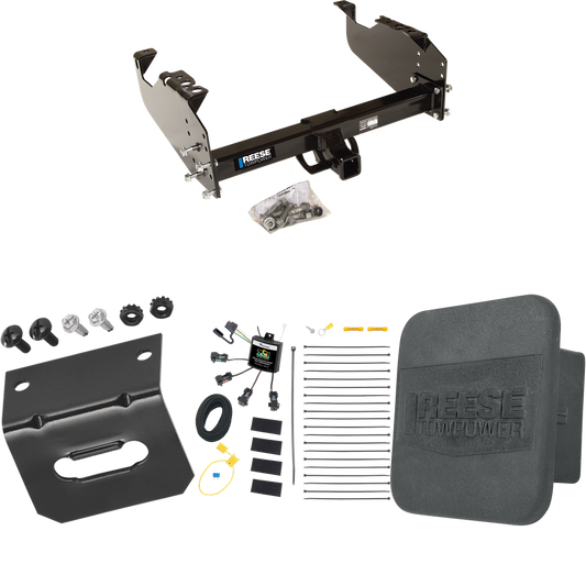 Fits 2008-2010 Dodge Ram 5500 Trailer Hitch Tow PKG w/ 4-Flat Zero Contact "No Splice" Wiring Harness + Hitch Cover + Wiring Bracket (For Cab & Chassis, w/34" Wide Frames Models) By Reese Towpower