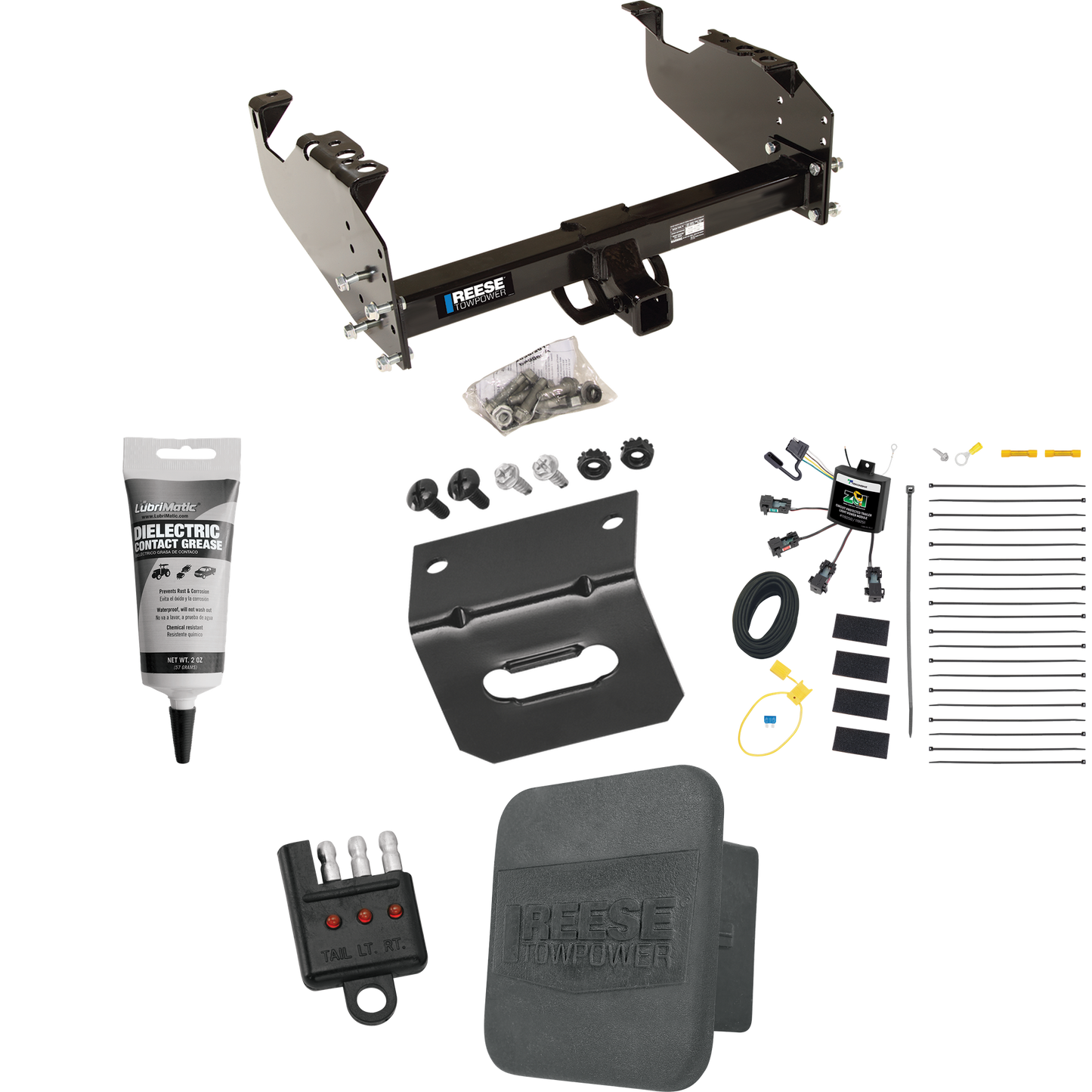 Fits 2011-2012 RAM 3500 Trailer Hitch Tow PKG w/ 4-Flat Zero Contact "No Splice" Wiring Harness + Hitch Cover + Wiring Bracket + Wiring Tester + Electric Grease (For Cab & Chassis, w/34" Wide Frames Models) By Reese Towpower