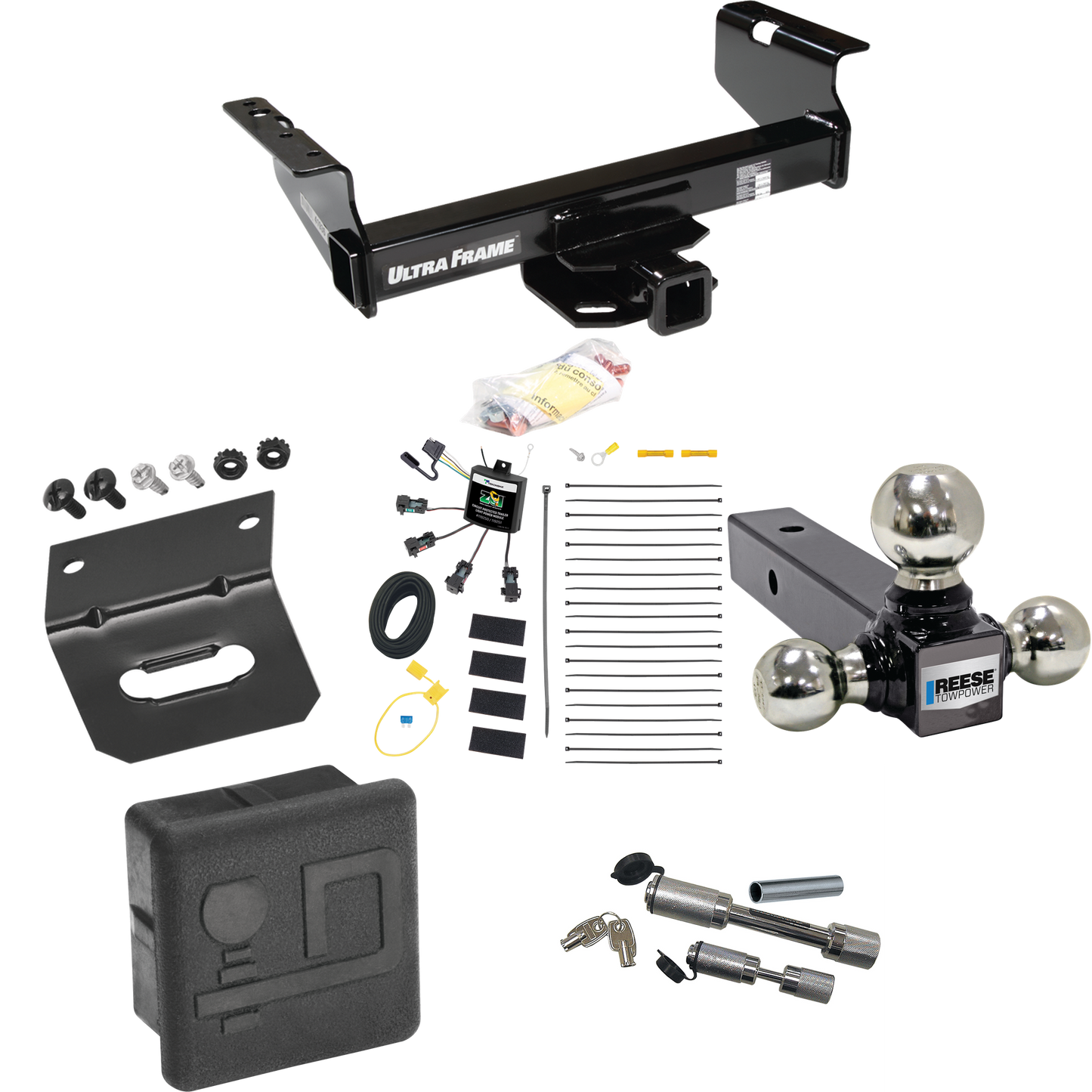 Fits 2007-2024 GMC Sierra 3500 HD Trailer Hitch Tow PKG w/ 4-Flat Zero Contact "No Splice" Wiring Harness + Triple Ball Ball Mount 1-7/8" & 2" & 2-5/16" Trailer Balls + Dual Hitch & Coupler Locks + Hitch Cover + Wiring Bracket (For Cab & Chassis, w/3