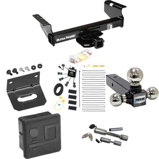 Fits 2007-2024 GMC Sierra 3500 HD Trailer Hitch Tow PKG w/ 4-Flat Zero Contact "No Splice" Wiring Harness + Triple Ball Ball Mount 1-7/8" & 2" & 2-5/16" Trailer Balls + Dual Hitch & Coupler Locks + Hitch Cover + Wiring Bracket (For Cab & Chassis, w/3