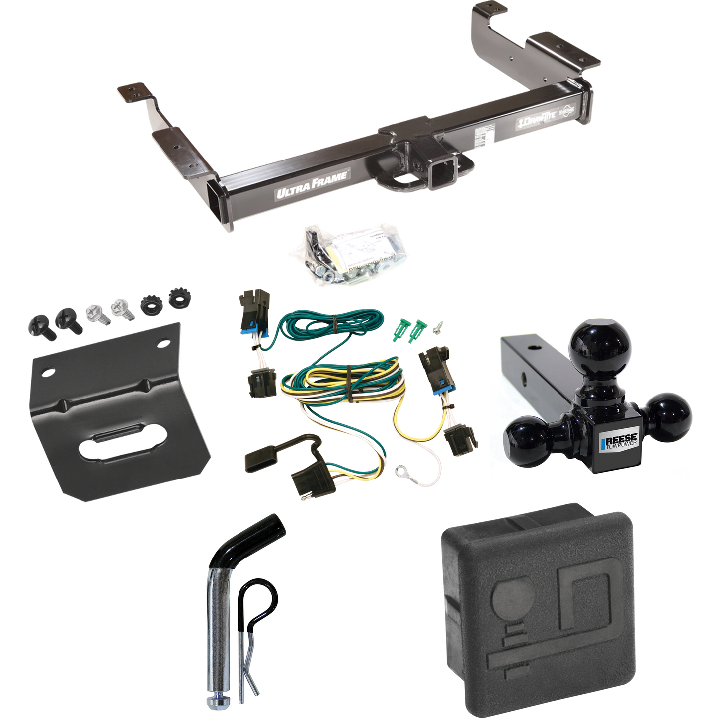 Fits 2003-2014 Chevrolet Express 1500 Trailer Hitch Tow PKG w/ 4-Flat Wiring Harness + Triple Ball Ball Mount 1-7/8" & 2" & 2-5/16" Trailer Balls + Pin/Clip + Hitch Cover + Wiring Bracket By Draw-Tite