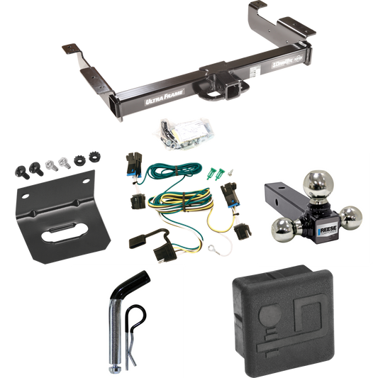 Fits 2003-2023 Chevrolet Express 2500 Trailer Hitch Tow PKG w/ 4-Flat Wiring Harness + Triple Ball Ball Mount 1-7/8" & 2" & 2-5/16" Trailer Balls + Pin/Clip + Hitch Cover + Wiring Bracket By Draw-Tite