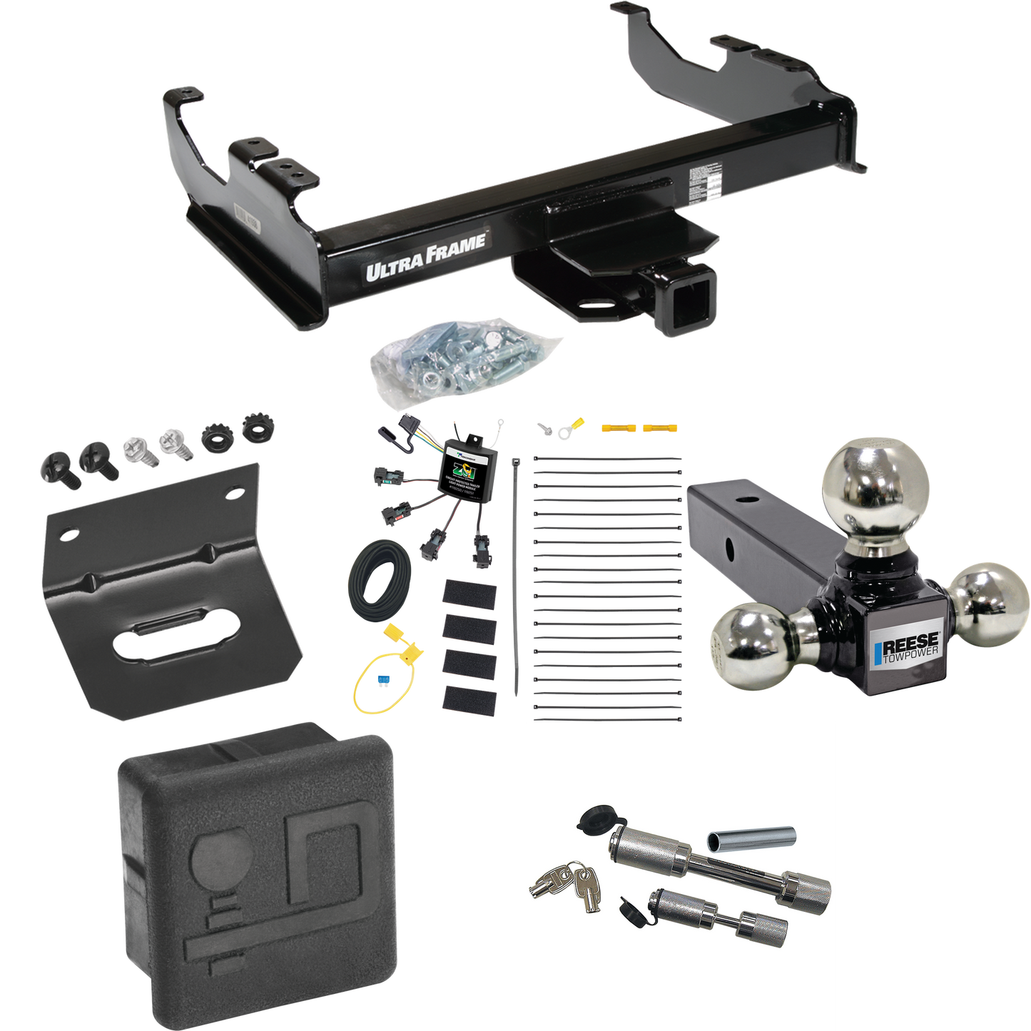 Fits 2007-2023 GMC Sierra 3500 HD Trailer Hitch Tow PKG w/ 4-Flat Zero Contact "No Splice" Wiring Harness + Triple Ball Ball Mount 1-7/8" & 2" & 2-5/16" Trailer Balls + Dual Hitch & Coupler Locks + Hitch Cover + Wiring Bracket (For Cab & Chassis, w/3